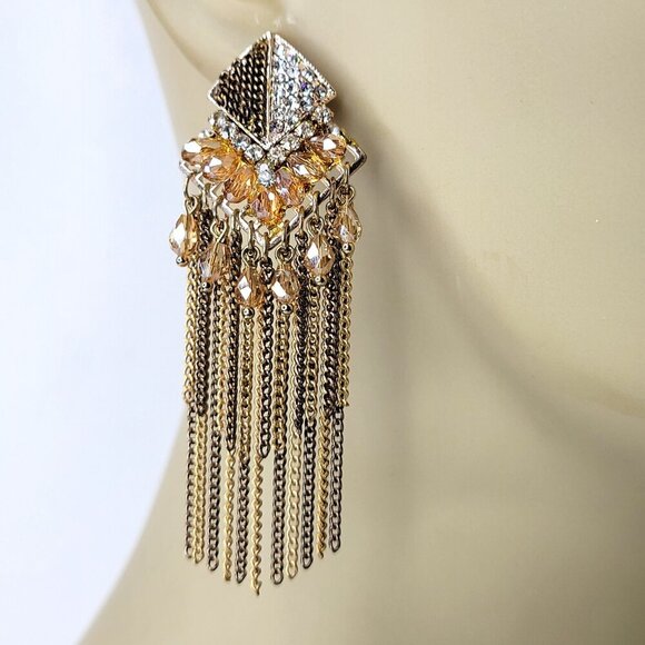 Tiered Gold Tone Long Tassel Earrings - Picture 6 of 8